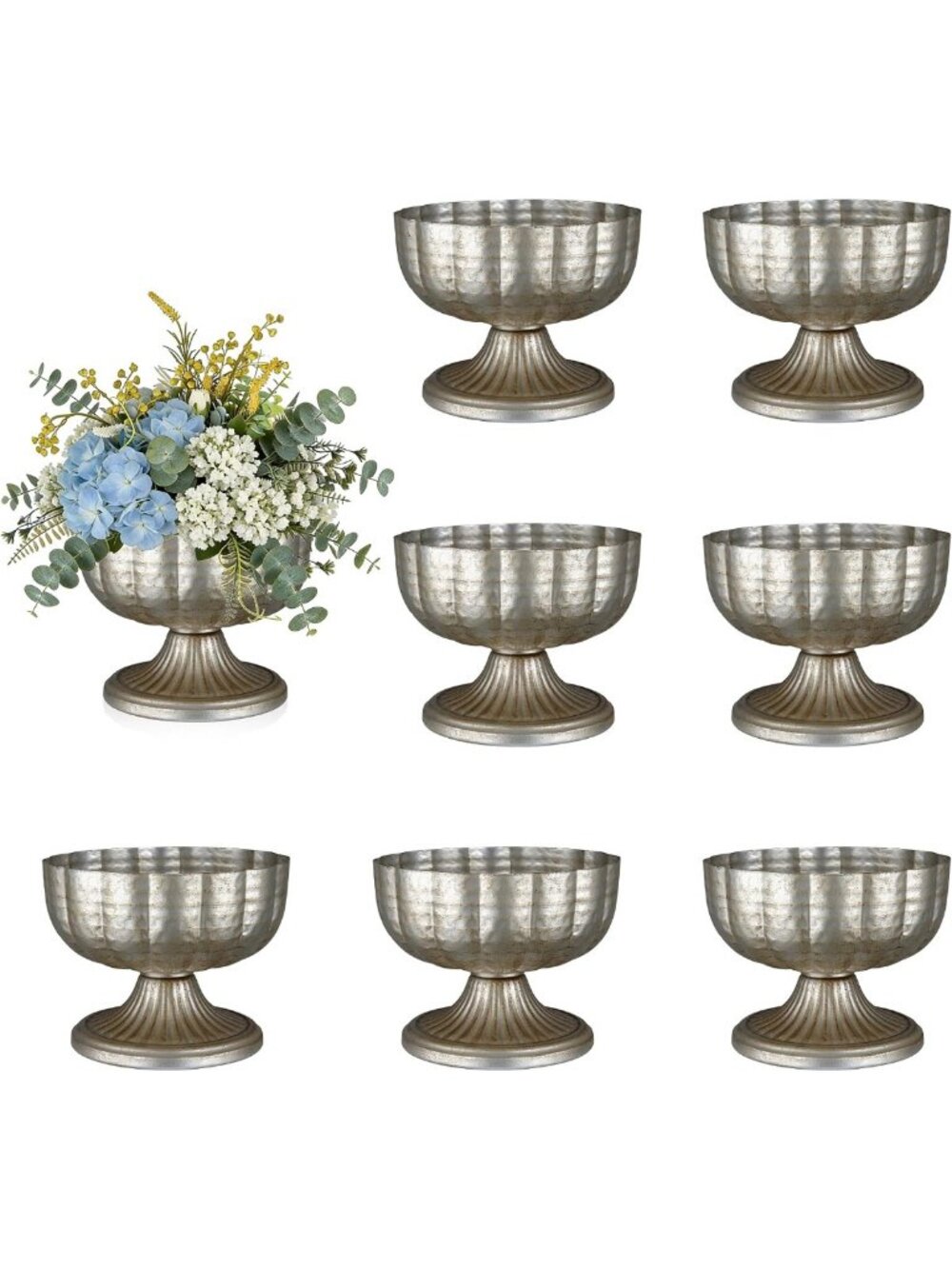 Set of 8 Retro Silver Metal Vases for Floral Arrangements, Centerpieces & Decor